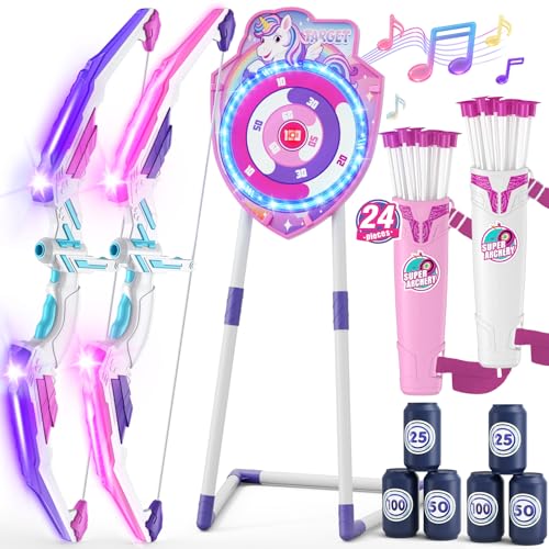 HYES 2 Pack Arrow and Bow for Kids, LED Light Unicorn Archery Set...
