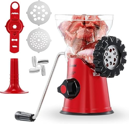 Geedel Fleischwolf Manuell, 4 in 1 Hackfleisch Zerkleinerer Edelstahl mit Wurstfüller Spritzgebäckvorsatz für Hackfleisch Wurst Spritzgebäck Gebäckpresse, Schnellschnitt, Starkem Saugfuß, Rot Geedel Fleischwolf Manuell, 4 in 1 Hackfleisch Zerkleinerer Edelstahl mit Wurstfüller Spritzgebäckvorsatz für Hackfleisch Wurst Spritzgebäck Gebäckpresse, Schnellschnitt, Starkem Saugfuß, Rot