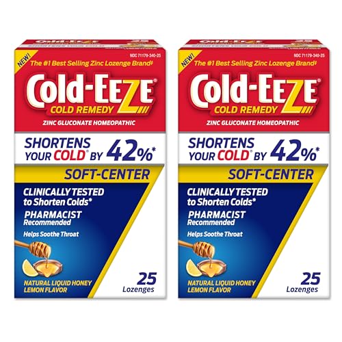 Image of Cold-Eeze Soft-Center Honey Lemon Zinc Lozenges, 25 Count, 2 Pack | Reduces duration of the common cold by 42% or up to 3 days, relieves sore throat, cough, nasal congestion, and postnasal drip