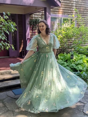 Fivsole Puff Sleeve Prom Dresses 2025 Long Flower Embroidery Tulle Floral Formal Evening Gowns2