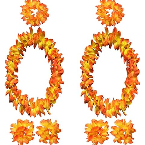 HBell 8pcs Hawaiian Garlands Decorations,Tropical Leis Necklace Bracelets Hawaiian Leis Fancy Dress with 4 Wristbands 2 Headbands 2pcs Wreaths for Hawaii Party Decoration Summer Beach Party (Sunset) Cover