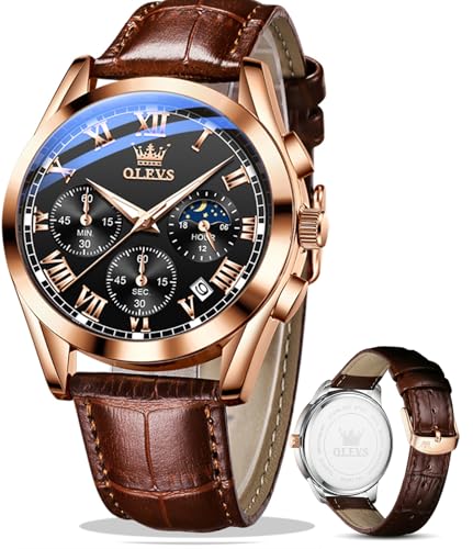 Image of OLEVS Men's Leather Analog Quartz Watch - Luxury Chronograph Wristwatch with Date, Waterproof, Luminous - Dress Style