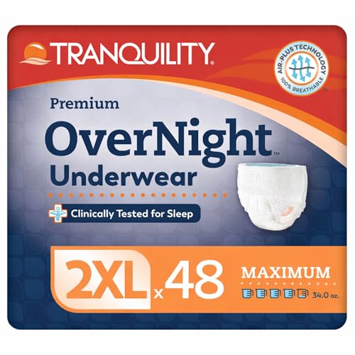 Best Incontinence Underwear for Overnight: 9 Comfortable, Discreet Picks for Restful Sleep 5 Tranquility Premium OverNight Disposable Absorbent Underwear (48 Count) - 2XL, 62-80 in. Waist - Maximum Absorbency, All-Night Sleep, Breathable Comfort, 48 Adult Diapers