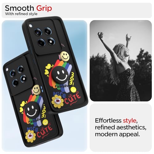 Image of Pikkme Back Cover for OnePlus 12R 5G | Soft Silicone| Cute Rainbow Smile & 3D Cartoon Flower Design | Shockproof Raised Camera Protection Bumper Case (Black)