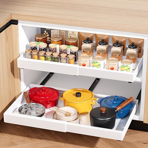 Pull Out Drawers Organizer for Kitchen Cabinets, 21" Deep, Expandable Cabinet Drawers Slide Out with Adhesive, Adjustable Deep Roll Out Cabinet Shelves for Pantry Pots Pans (White-1 Pack)