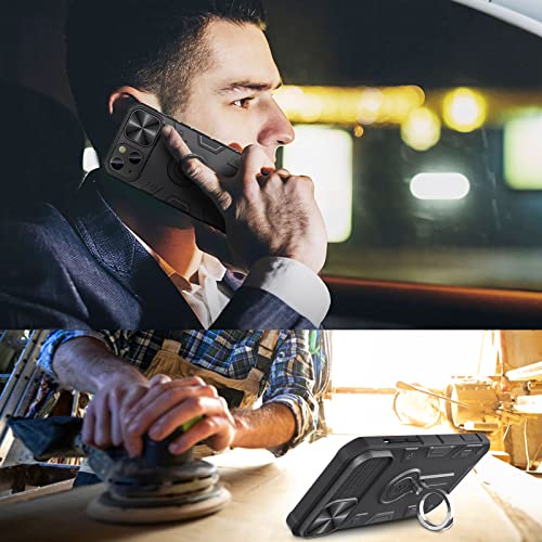 Image of CloudValley Compatible with iPhone 13 Case with Camera Cover & Stand, Slide Lens Protection and Built in 360 Rotatable Ring Holder, Soft Edge Bumper Protective Cases, Black