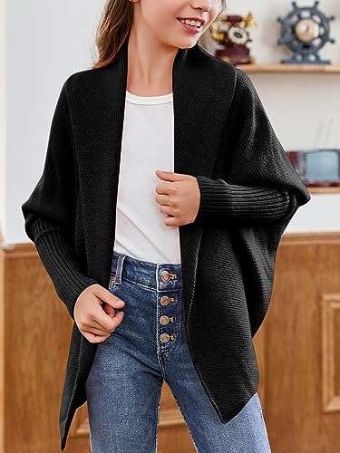 Image of Girls Open Front Cardigan Sweaters Batwing Long Sleeve Shawl Collar Ribbed Knit Winter Coats