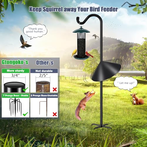 Image of Gtongoko Bird Feeder Pole Squirrel Proof 92 Inch Shepherds Hook for Outdoor with Squirrel Baffles Adjustable Heavy Duty with 7 Prongs Base for Hanging Plants, Bird Feeders, Black