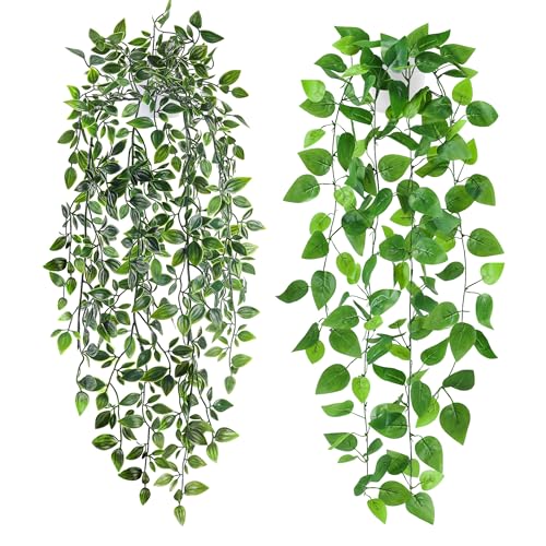 Der Rose 2Pcs Fake Plants Artificial Hanging Faux Potted Ivy Vines Wall Plants Indoor for Home Room Bookshelf Outdoor Decor