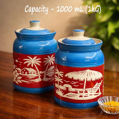 Image of Ceramic Handmade Pickle Jars in 1000ml (set of 2) | Handpainted Floral Bale 1 kg Achaar Martban | Ceramic Jadi for Kitchen Storage (Set of 2) | Jars for Achar, Spices, Salt (HandPainted Scenery Jars)