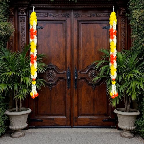 Image of iHandikart Artificial Infinity Shaped Marigold Garland for Home Decor | Pack of 2,52 Inch| Orange-Yellow Floral Garland for House Warming, Festive Decor, Wedding & Entrance Door Decoration itmes.