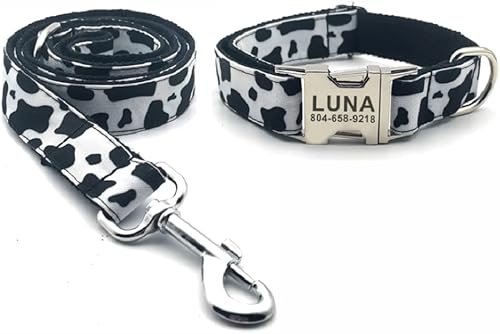 Collar personalizado con patrón de vaca para mascota, etiqueta de identificación de cachorro, accesorio ajustable para gatos, color blanco y negro,