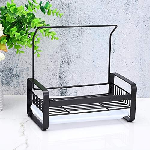 IGNPION Kitchen Sink Caddy Organizer Stainless Steel Sponge Holder Brush Soap Drainer Rack Dishrag Dishcloth Holder Rack with Plastic Drain Tray (Large,Black)