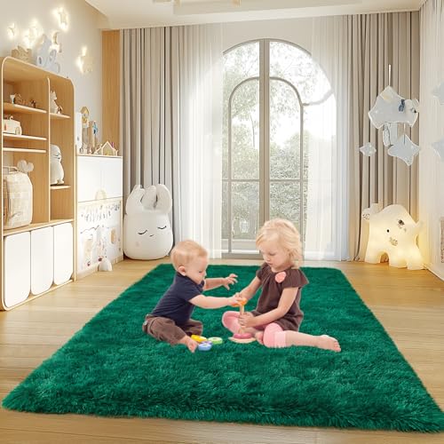 4x6 Rugs for Living Room, Large Fluffy Dark Green Area Rugs for Bedroom, Soft Carpet Shag Kids Rug with 4 Non-Slip Rug Pads (4ft x 6ft, Dark Green)