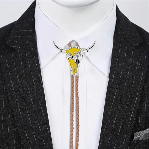 Image of GelConnie Bolero Ties Men Yellow Longhorn Cactus Cowboy Bolo Tie Western | Yellow Longhorn Cactus Cowboy Bolo Tie with Enamel Accent, Adjustable Faux Leather Cord for Bolero Ties Men and Ranch Outfit