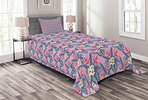 ABAKUHAUS Hibisco Cubrecama, Resumen Flores Tropicales, Acolchado de Gran Tamaño No se Desliza de la Cama No Destiñe, 170 x 220 cm, Bebé de Color Rosa Oscuro del Cielo Azul