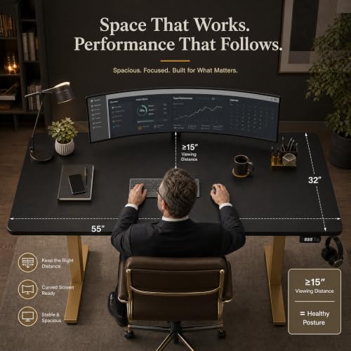 Image of Grandder 55x32 Extra-Deep Electric Standing Desk, Wide Desktop Fits 49 inch Ultrawide Monitor+Dual Screens, 176 lbs Capacity, 2 Memory Presets, Anti Collision, Computer Desk, Black Top&Gold Frame