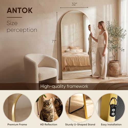 Image of Antok 71 inch x32 inch Arched Full Length Floor Mirror, Gold Aluminum Frame, Free Standing /Wall Mount /Leaning for Bedroom, Living Room, Dressing Room