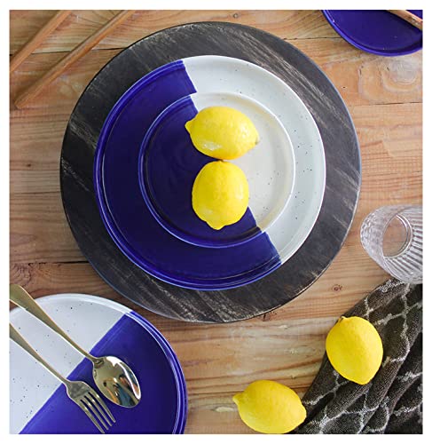 Roro Handmade Ceramic Stoneware Divided Dinner Plate - Two Tone Speckled Ocean Blue & White Spot Design (Set Of 2) #TOP5