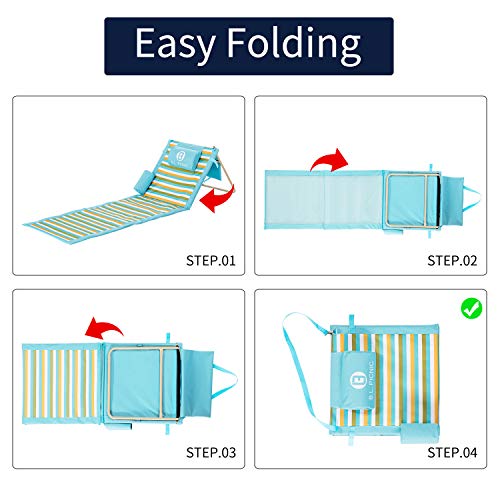 Portable Beach Mat, for The sunbather with Pillow and Removed Bag -Blanket Gift idea (Blue Stripes)