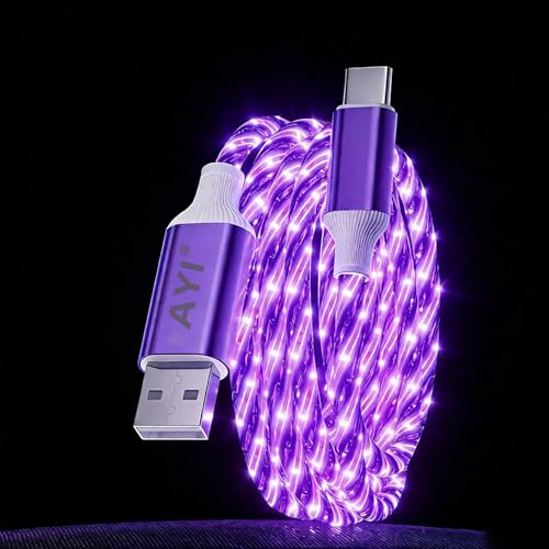 Image of AYI USB C to A Charging Cable 3.3ft, LED Glowing Starry Sky Light-Up Cord, PVC Tangle-Free Fast Charging Cable with Smart Chip, Data Transfer Sync Cord for USB-C Devices, Purple.
