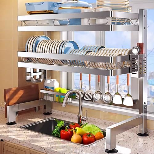 Lar - Escurridor de platos de acero inoxidable 304 de 2 niveles sobre el fregadero, cocina multifunción con cartón Sto (55 cm) para un secado eficiente y ahorro de espacio.