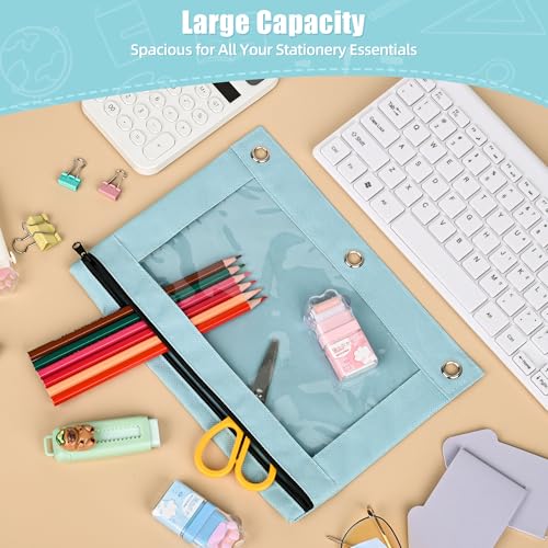 Image of Lanpn Pencil Pouch for 3 Ring Binder 6 Pack, Pastel Binder Pen Bags with Zipper, 3 Holes Pencil Holder Stationary Organizer for Boy Girl Kids School Student, Reinforced Grommets & Clear Window, Blue