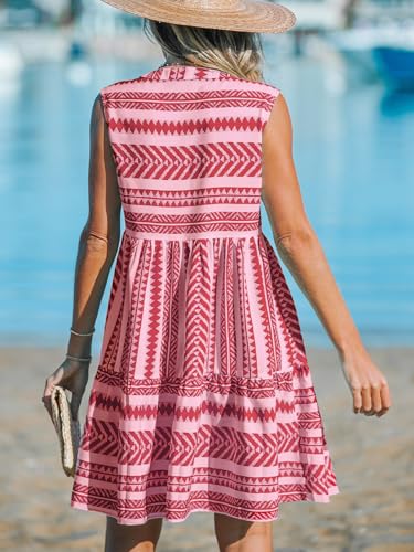 Image of CUPSHE Women's Ruffle Beach Mini Dress Split V Neck A Line Sleeveless Geometric Stripe Tropical Leaf Pattern Summer Dresses