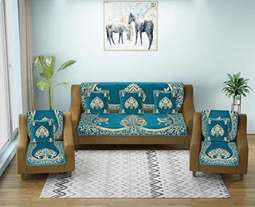 Image of Velvet Sofa Cover with Cushion Covers Set of 5 Seater - Premium Sofa Covers 3 Seater and 2 Seater Full Cover Set for Couch Seat - Heavy Fabric Sofa Slip Back Protector, 2701 Aqua