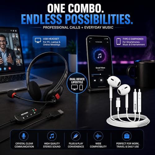 Image of Metaind USB Headset with Mic Meta MT440 for PC & Laptop and CT100 Type-C Earphone Combo for Calling, Online Classes, Meetings & Work from Home