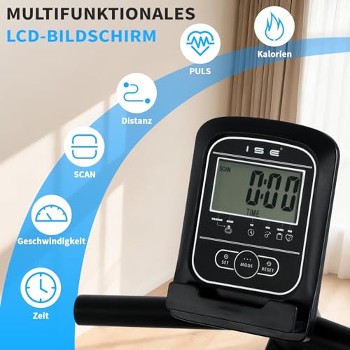 Foto von ISE Liegeergometer für Zuhause mit 8 verstellbaren Widerstandsstufen, Heimtrainer Fahrrad mit Pulssensoren und LCD-Display, Liegerad Heimtrainer mit verstellbarer Rückenlehne