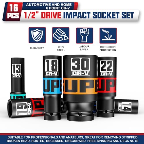 Image of 16 Piece 1 /2 inch Drive Impact Socket Set, 10-32 mm Thicker Deep Sockets, Metric Socket Set, 6-Point, Cr-V, Automotive and Home