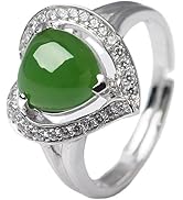 AMINKINA 14K Gold over S925 Natural Jade and Moissanite Ring, Teardrop Heart Design, Adjustable H...