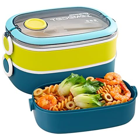 MDHAND Lunch Box Lunch Box, Lunch Box with Compartments, Portable, 1600 ml, Double Layer Lunch Box with Spoon and Fork, Bento Box for School and Work for Kids/Adults (Blue Green) Cover