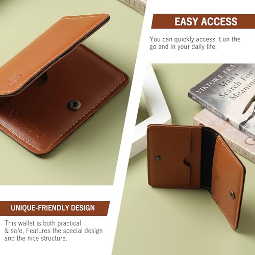 Image of VEMILIO Vegan Leather Card Holder Wallet for Men & Women | Slim Bi-Fold Design | RFID Protected | Button Closure | 3-4 Card Slots | Durable & Travel-Friendly (Tan)