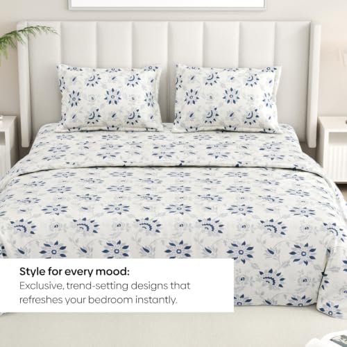 Image of Rivermoor 144 TC Cotton Bedsheet for Double Bed | Queen Size Bed Sheet with 2 Pillow Covers | White Blue Floral Pattern | 90 x 100 Inches