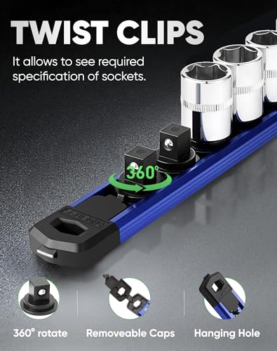Image of ALOANES Magnetic Socket Organizer Set, 1 /2-Inch Drive Heavy Duty Aluminum Socket Rail Organizer, 360 Swivel Clips Socket Holder Kit for Toolbox Drawer Fit 1 /2-Inch x 12 Clips (Blue, 1PC)
