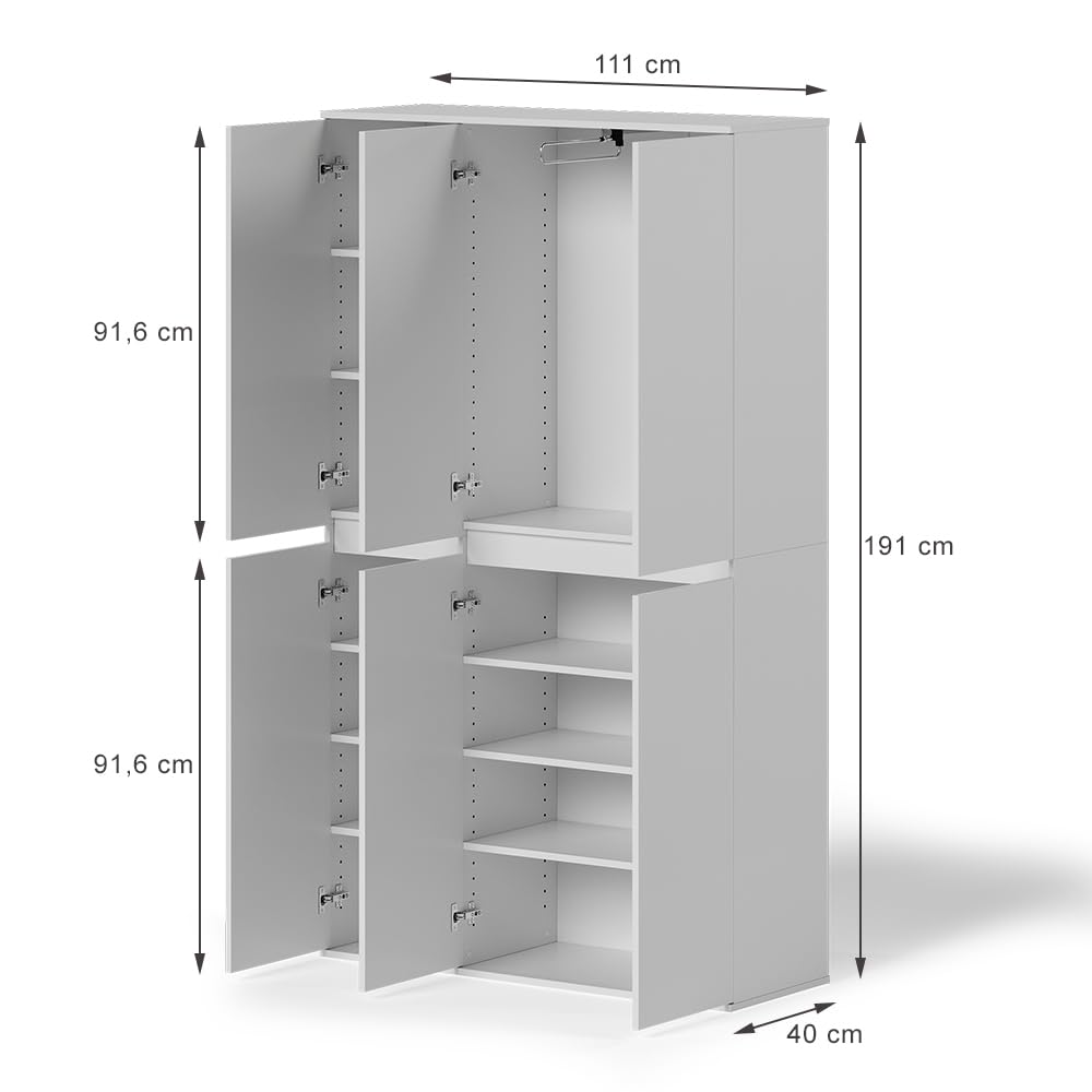 Vicco Armoire à vêtements Claus, Blanc, 111x191.5cm | avec 6 portes, pour le rangement des vêtements et des accessoires