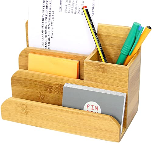 Woodquail Small Desk Organiser Pen Holder, Business Cards Notes Holder, Made of Natural Bamboo