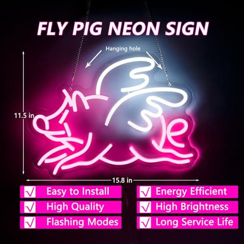 Image of Fly Pig Neon Sign For Wall Decor Studio Room Led Lights, Pink Pig Dream Decor Neon Signs Aesthetic Operated Light For Door Decorations, Bedroom Accessories Neon Sign