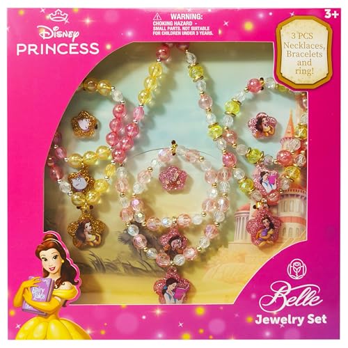 LUV HER Disney Princess Belle Girls Jewelry Set - Dress up 9 Piece Toy Jewelry Box Set with Bead Necklace Bracelet and Ring - Play Accessories - Ages 3+