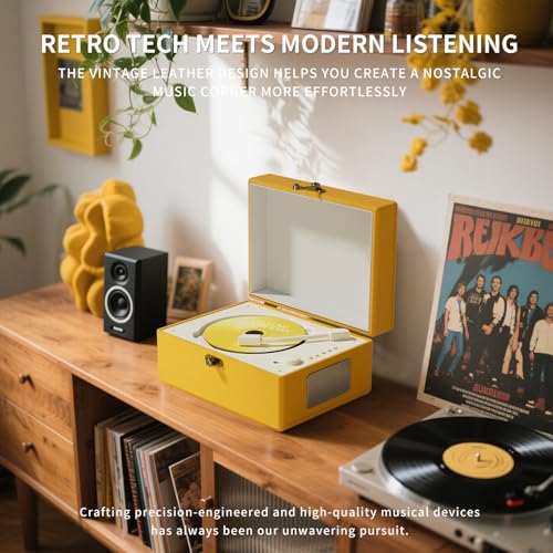 Yintiny Rechargeable Leather CD Player with Speakers; Bluetooth Transmitter; Festival Gift; BGM Player for Home Décor (Yellow)