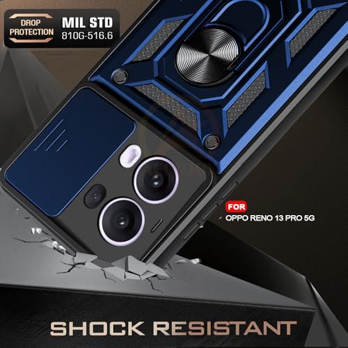 Image of Armor Bumper Back Cover Case for Oppo Reno 13 Pro 5G | Rotating Camera Cover, Ring Holder & Kickstand | Heavy Duty & 360 Degree Protection Oppo Reno 13 Pro 5G Back Cover (Blue)