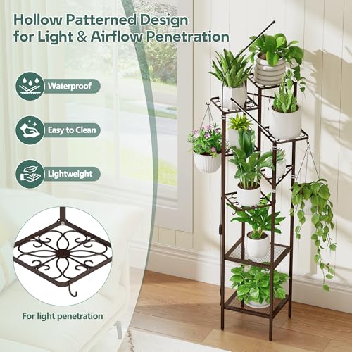Image of Quikraen 8-Tier Brown Plant Stand with Grow Lights, 58.5 inch Tall Ultra-Narrow Corner Plant Shelf with 2-Head LED Grow Light & Hanging Hooks, Space-Saving Metal Flower Pot Holder Rack for Indoor Plants, Patio, Balcony