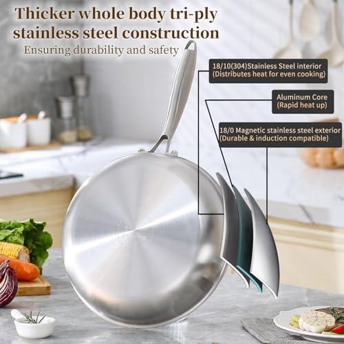 DELARLO Kitchen Whole Body Tri-Ply Stainless Steel Frying Pan, 12 inch,Stainless Steel, Oven safe induction skillet, Pots and Pans set,Suitable for All Stove - Thumbnail 4