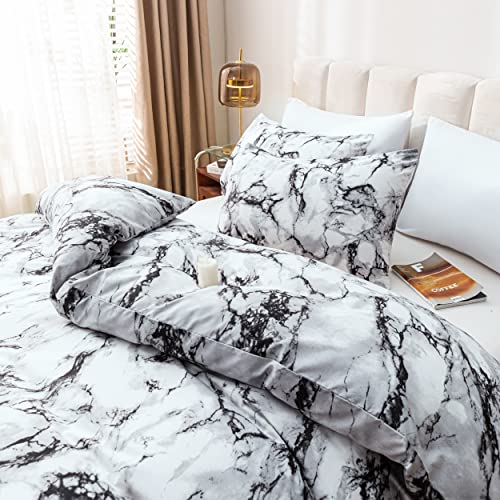 Smoofy Queen Marble White Comforter Set, White Marble Pattern Printed Bed Set, Soft Fabric With Brushed Microfiber Full Bed Sheets Fill Bedding Comforter Sets(1 Comforter, 2 Pillowcases) #TOP4