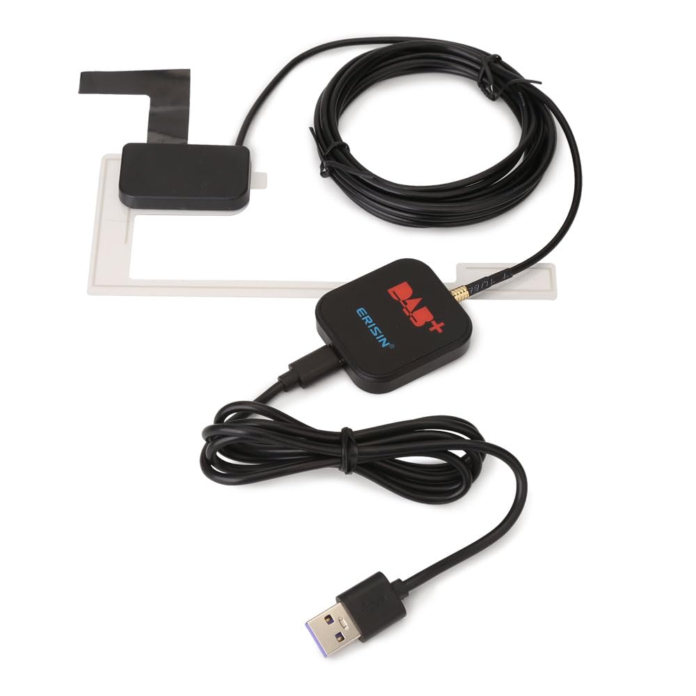Erisin DAB+ Antenne DAB+ Scheibenantenne mit Empfänger Verstärker Antenne DAB Adapter für Autoradio Android, USB Port Anschluss