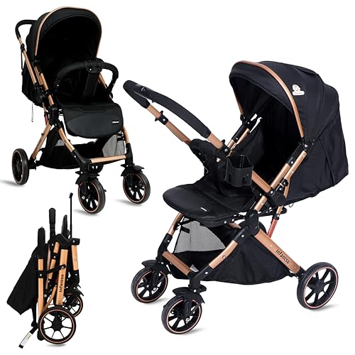 Image of Infantso GlideX Premium Baby Stroller / Pram, Reversible Handle, One-Hand Fold and 360 Rotating Wheels,, Travel Friendly, 5 Points Safety Harness, Extendable Canopy, Multilevel Recline, Adjustable Footrest, Easy Fold, Shock Absorption Wheels, for babies 0 to 3 years (GoldenBlack)