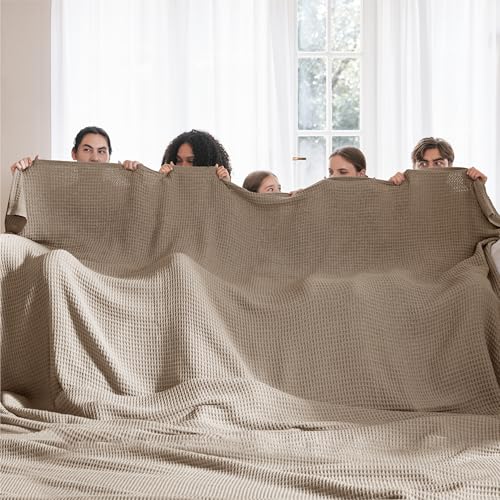 Image of Bedsure 100% Cotton Big Blanket Oversized King for Bed - Large Breathable Thick Cooling Waffle Weave Blanket for Summer, Couch Cover, Taupe, 120x94 inches