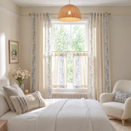 Image of jinchan Blue Floral Linen Curtains for Living Room 90 inch Back Tab 2 Panels